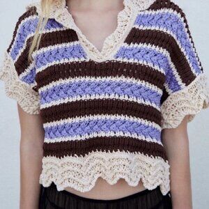 NWT ZARA Striped Short Sleeves Hooded Knit Top Size M
